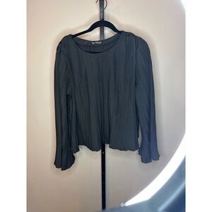 SHEIN Womens Black Plisse Pleated Long Sleeve Bell Sleeve Blouse Top Size M 6